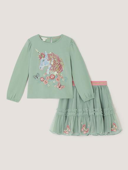 Monsoon Kids' Long Sleeve Unicorn Top and Skirt Set, Green, Green