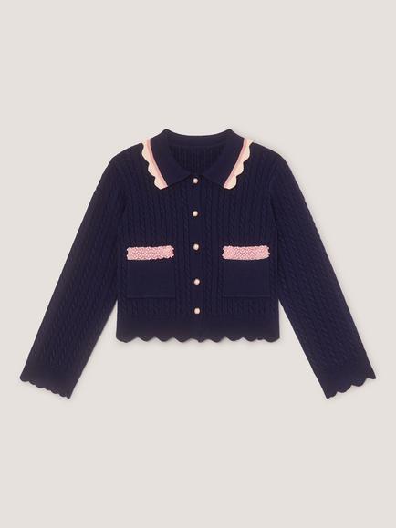 Monsoon Kids' Cable Knit Cardigan, Navy - view 2, Navy