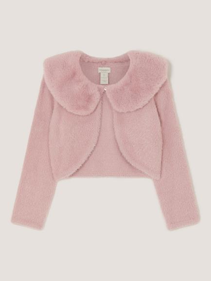 Monsoon Kids' Faux Fur Collar Cardigan, Dusky Pink, Dusky Pink