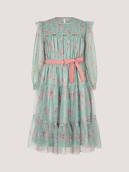 Monsoon Kids' Long Sleeve Tiered Midi Dress, Green, Green