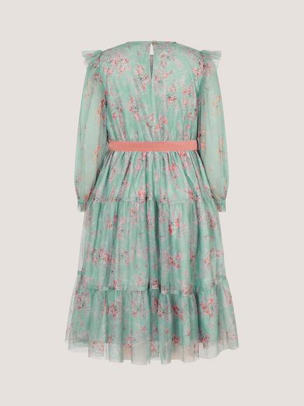 Monsoon Kids' Long Sleeve Tiered Midi Dress, Green - view 2, Green