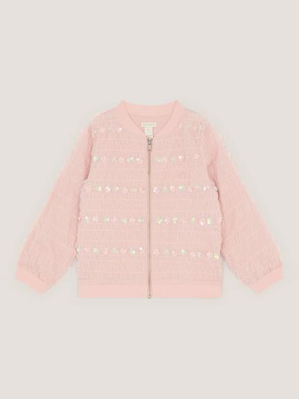 Monsoon Kids' Carolyn Ruffle Bomber Jacket, Pink - view 2, Pink