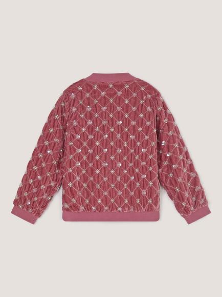 Monsoon Kids' Gracie Embellished Velour Bomber Jacket, Pink - view 2, Pink