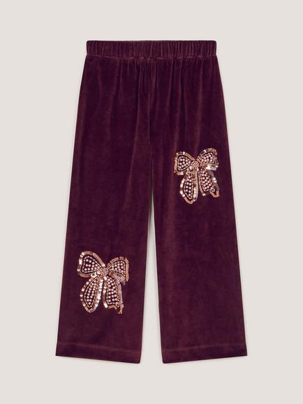 Monsoon Kids' Velour Sequin Bow Wide Leg Trousers, Brown, Brown