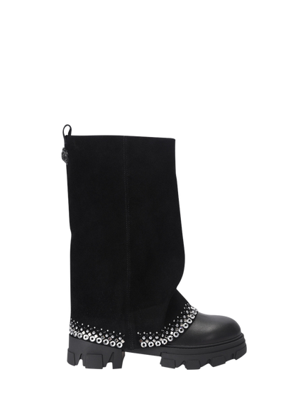 Kurt Geiger London Stomp Suede Embellished Foldover Calf Boots, Black, Black