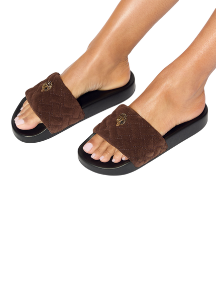 Kurt Geiger London Meena Eagle Quilted Suede Sliders, Dark Brown - view 2, Dark Brown