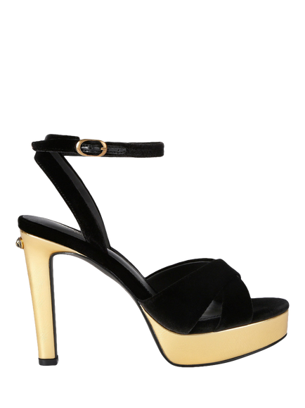 Kurt Geiger London Sherbert Cross Velvet Sandals, Black/Gold, Black/Gold