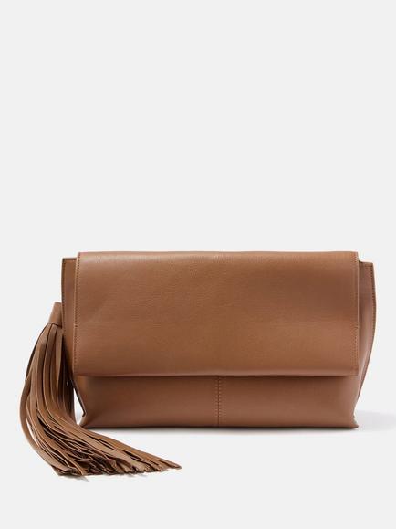Mint Velvet Fold Over Tassel Clutch, Tan, Brown Tan