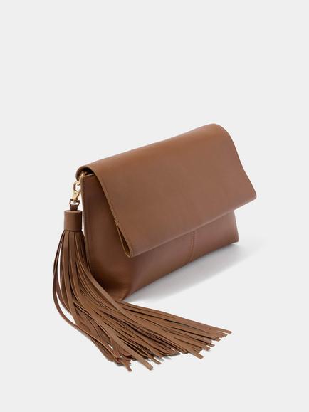 Mint Velvet Fold Over Tassel Clutch, Tan - view 2, Brown Tan