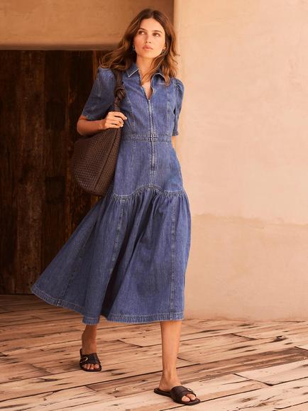 Mint Velvet Puff Sleeve Denim Midi Dress, Blue, Blue