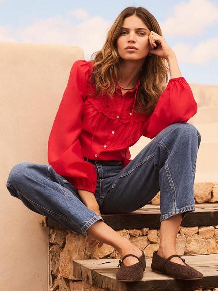 Mint Velvet Floral Detail Cutwork Blouse, Red, Red