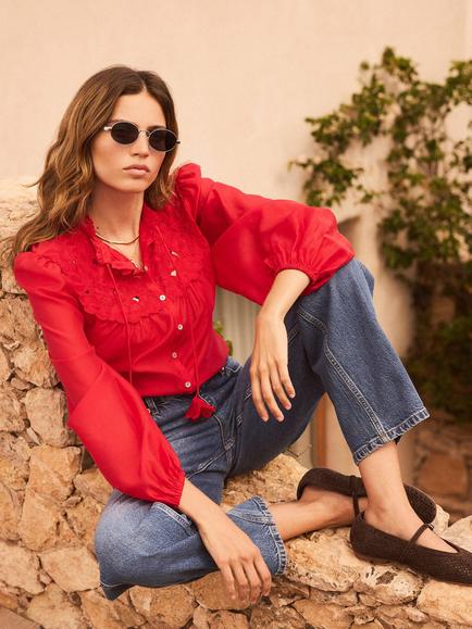 Mint Velvet Floral Detail Cutwork Blouse, Red - view 2, Red