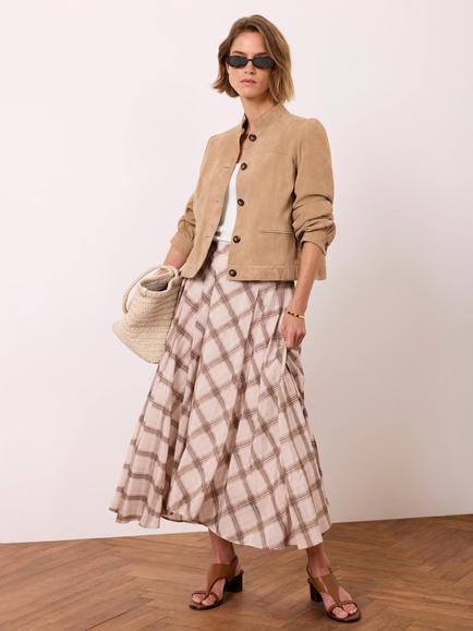 Mint Velvet Check Print Midi Skirt, Brown/Multi - view 2, Brown/Multi