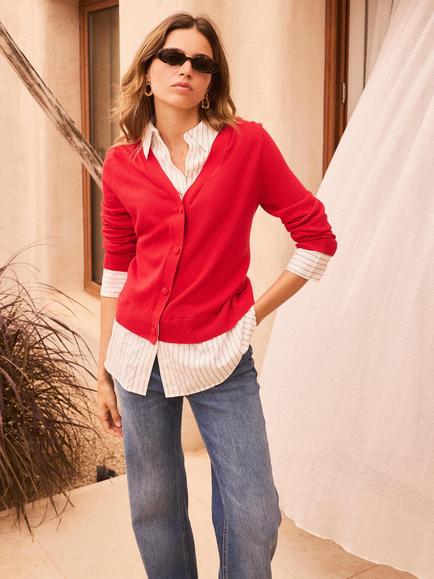 Mint Velvet Layered Knit Shirt, Red/Multi, Red/Multi