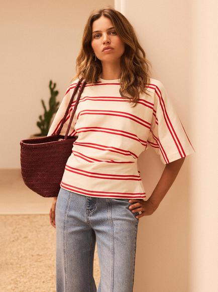 Mint Velvet Striped Batwing T-Shirt, Red/Multi, Red/Multi
