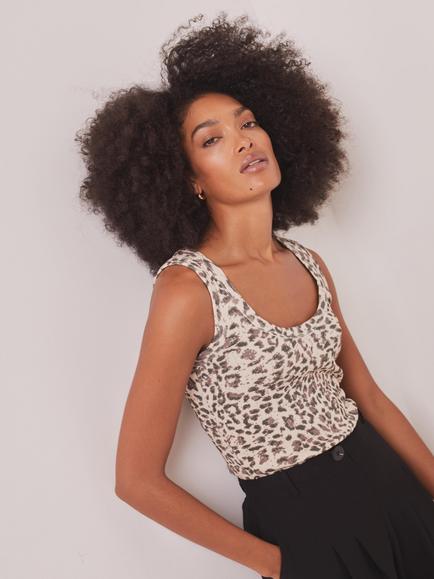 Mint Velvet Leopard Print Cotton Vest Top, Brown Camel - view 2, Brown Camel