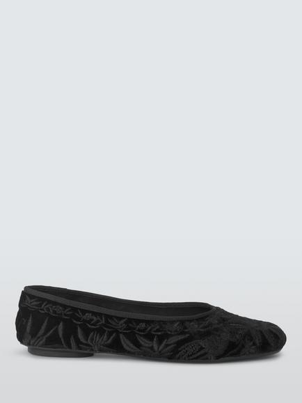 John Lewis x RIXO Elfie Embroidered Velvet Ballet Flats, Black, Black