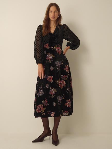 Monsoon Abril V-Neck Floral Devoré Velvet Midi Dress, Black, Black