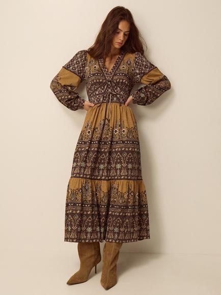 Monsoon Branwen Cotton Floral-Paisley Midi Dress, Ochre, Ochre