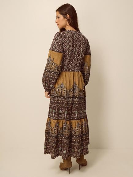 Monsoon Branwen Cotton Floral-Paisley Midi Dress, Ochre - view 2, Ochre