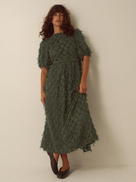 Monsoon Felicity Short Sleeve Textured Fringe Midi Dress, Dark Green, Dark Green