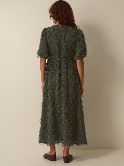 Monsoon Felicity Short Sleeve Textured Fringe Midi Dress, Dark Green - view 2, Dark Green