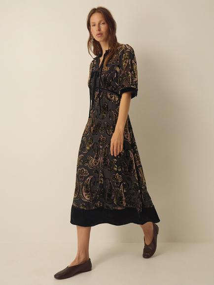 Monsoon Jaz V-Neck Paisley Devoré Midi Dress, Olive, Olive