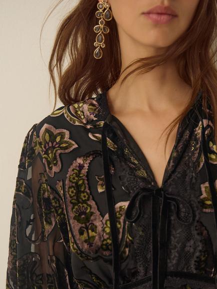 Monsoon Jaz V-Neck Paisley Devoré Midi Dress, Olive - view 2, Olive