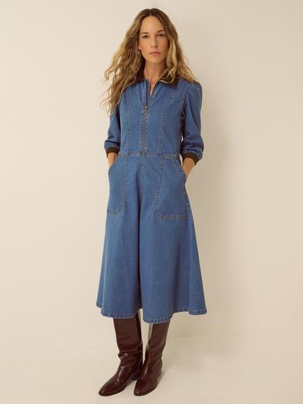 Monsoon Poppy Denim Midi Dress, Mid Authentic Blue, Mid Authentic Blue