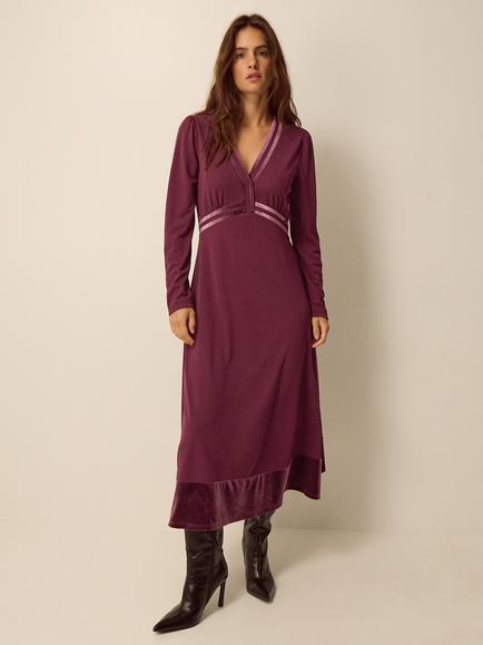 Monsoon Viv Velvet Trim Dress, Aubergine, Aubergine