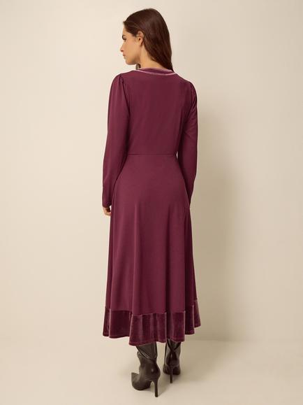 Monsoon Viv Velvet Trim Dress, Aubergine - view 2, Aubergine