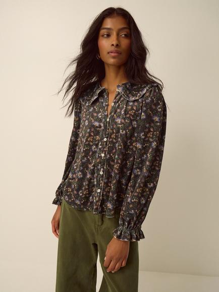 Monsoon Carly Velvet Floral Shirt, Brown, Brown