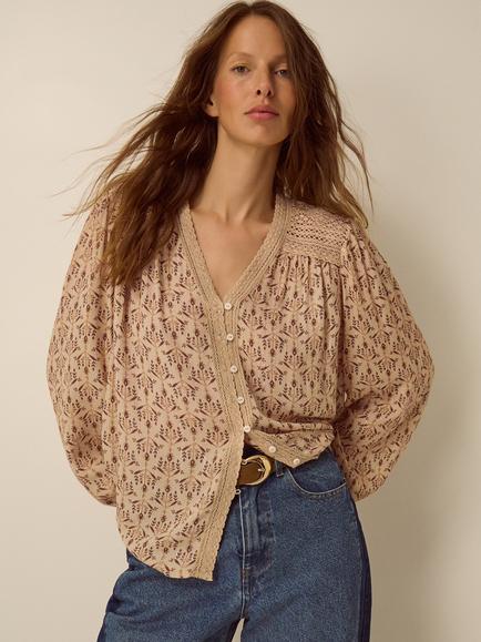 Monsoon Clementine Long Sleeve Printed Top, Ivory, Ivory