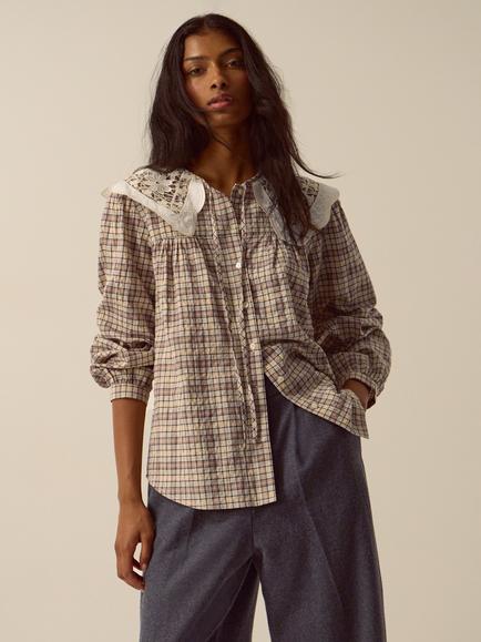 Monsoon Thea Lace Collar Check Shirt, Brown, Brown