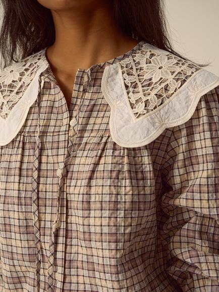 Monsoon Thea Lace Collar Check Shirt, Brown - view 2, Brown