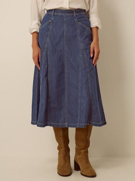 Monsoon Harper Denim Godet Skirt, Indigo, Indigo