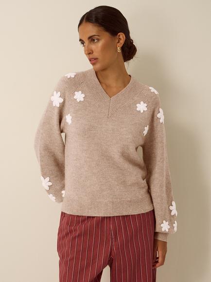 Monsoon Emily Floral Embroidered Jumper, Mink, Mink