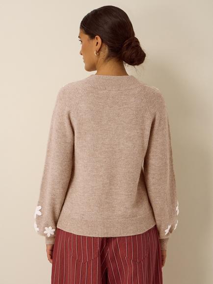 Monsoon Emily Floral Embroidered Jumper, Mink - view 2, Mink