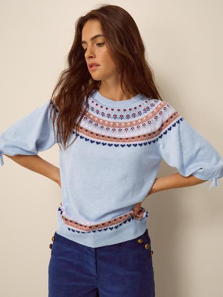 Monsoon Fia Fair Isle Crew Neck Jumper, Blue, Blue