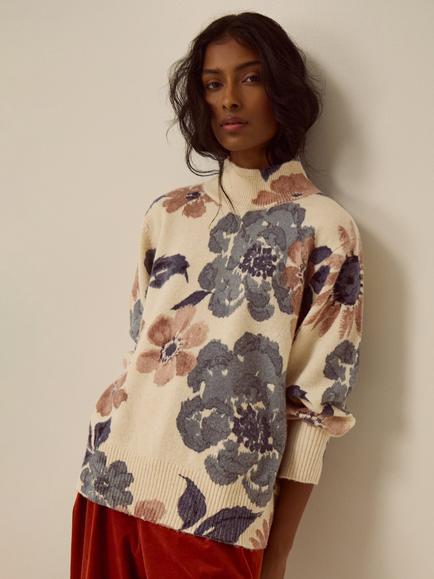 Monsoon Recycled Floral High Neck Jumper, Ivory, Ivory