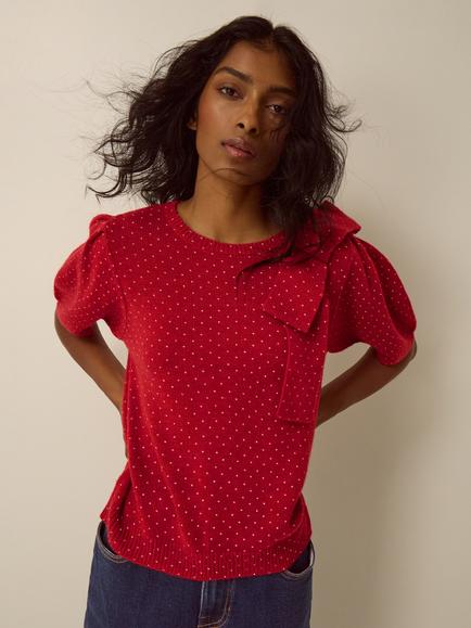 Monsoon Sue Short Sleeve Polka Dot Bow Jumper, Red, Red