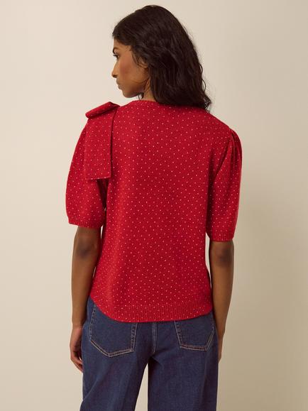 Monsoon Sue Short Sleeve Polka Dot Bow Jumper, Red - view 2, Red