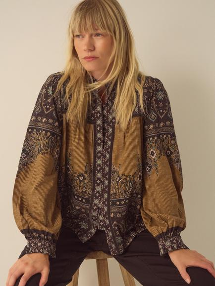 Monsoon Branwen Floral Print Jersey Blouse, Ochre, Ochre
