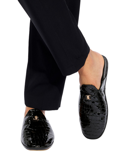 Kurt Geiger London Savoy Croc Embossed Patent Leather Mule Slippers, Black - view 2, Black