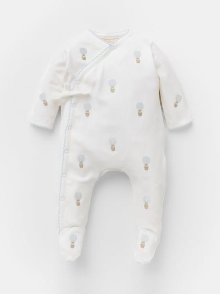 Oat & Marl Baby Hot Air Balloon Sleepsuit, White/Blue, White/Blue