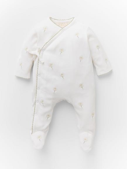 Oat & Marl Baby Daisy Meadow Embroidered Sleepsuit, White/Sage, White/Sage