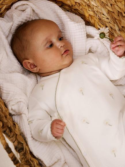 Oat & Marl Baby Daisy Meadow Embroidered Sleepsuit, White/Sage - view 2, White/Sage