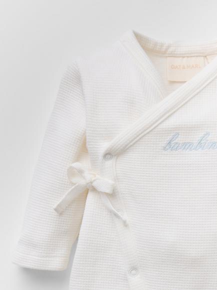 Oat & Marl Baby Bambino Waffle Sleepsuit, White/Pale Blue - view 2, White/Pale Blue