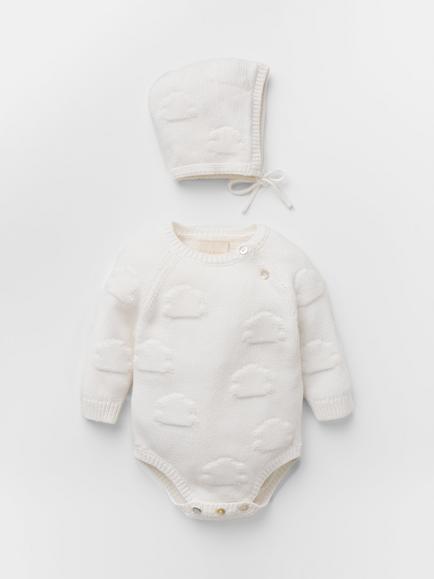 Oat & Marl Baby Cloud Intarsia Knitted Romper and Bonnet Set, Pure White, Pure White