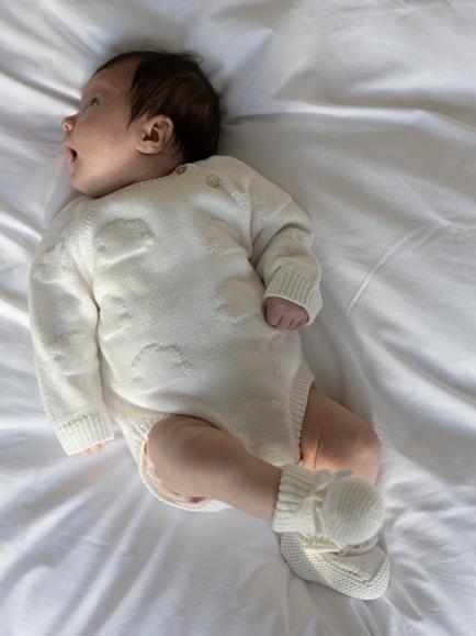 Oat & Marl Baby Cloud Intarsia Knitted Romper and Bonnet Set, Pure White - view 2, Pure White
